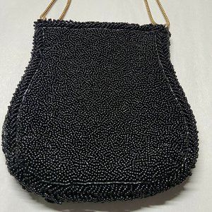 Wabaeg Beaded Black Bag Purse Box Chain Handle Hand Made in Hong Kong Vintage